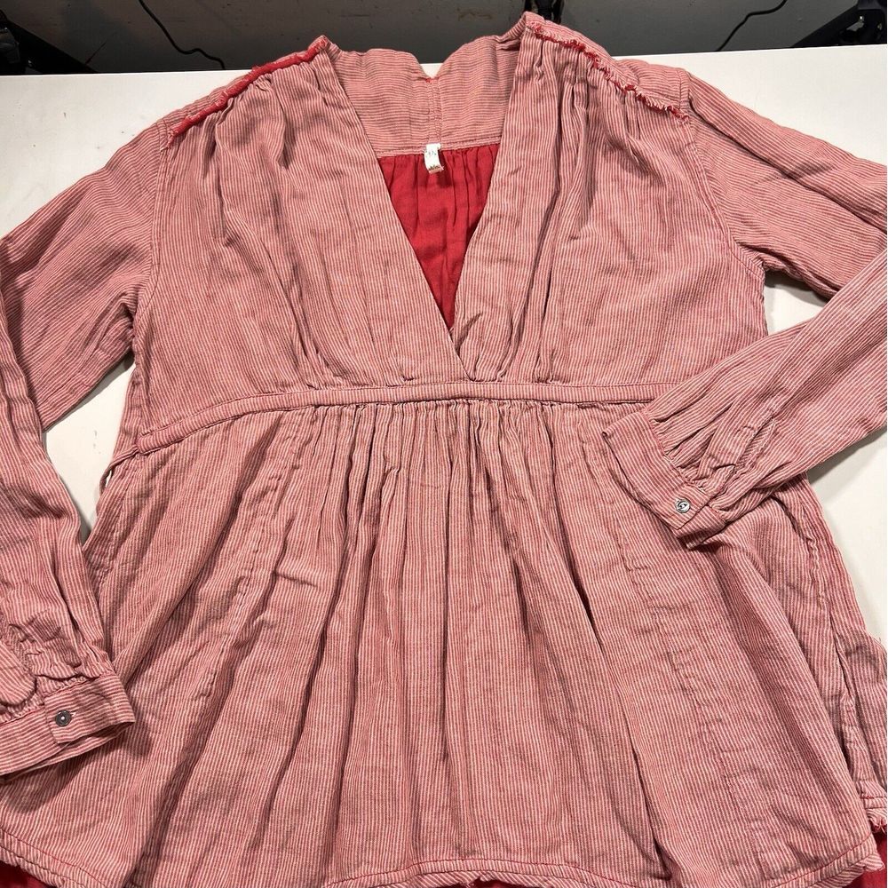 Free‎ People Red Striped Empire Waist V-Neck Cotton Tunic Top Small